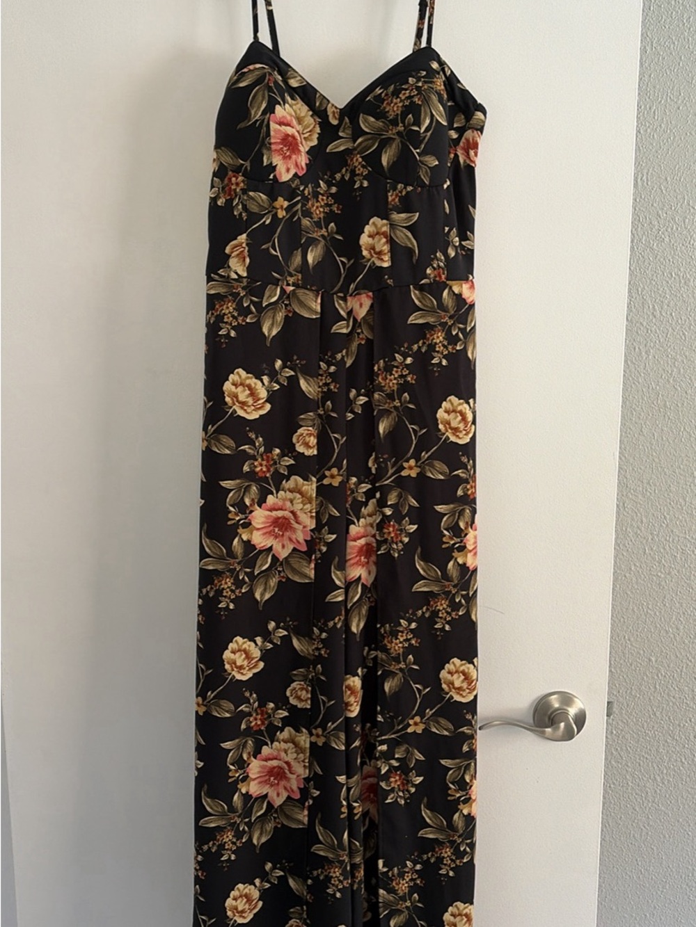 Floral Black Wide-Leg Jumpsuit with Spaghetti Straps